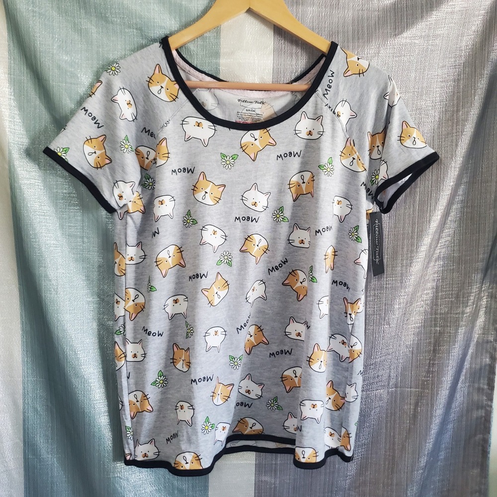 Pillow Talk Womens Gray Cat Print Pajama Top Short Sleeve‎ Sleep Shirt Small NWT